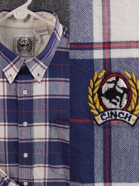 Cinch Oxford Blue White All Cotton 2XL Button-Down Plaid OCBD Men Casual Pocket